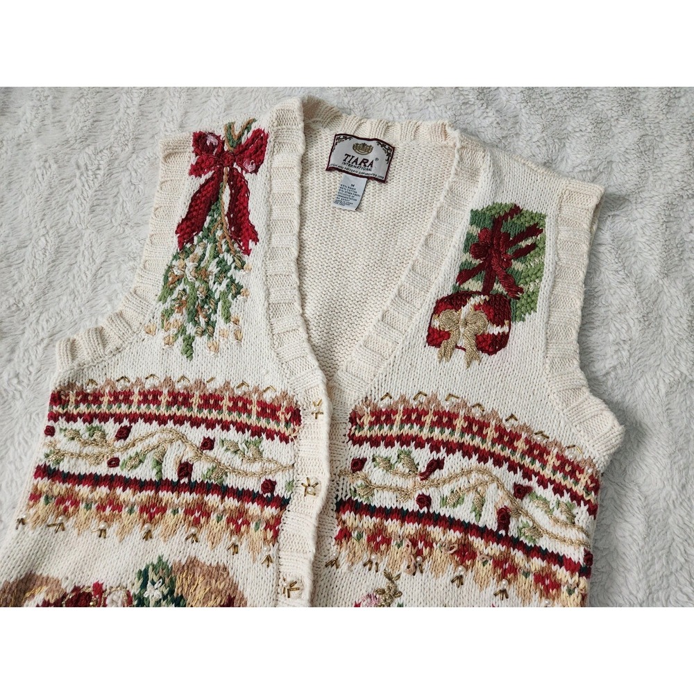 Vintage 90s Tiara International Christmas Sweater Vest Rocking Horse Poinsettia